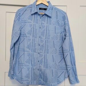 Lauren By Ralph Lauren Eyelet Button Down Long Sleeve Blue Shirt Large